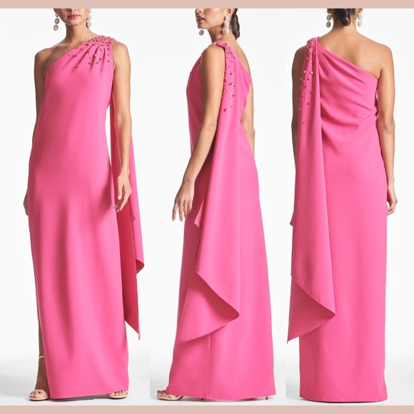 NWT SACHIN & BABI [ 0 ] Leslie Beaded Drape One-Shoulder Crepe Gown‎ Pink #S1829